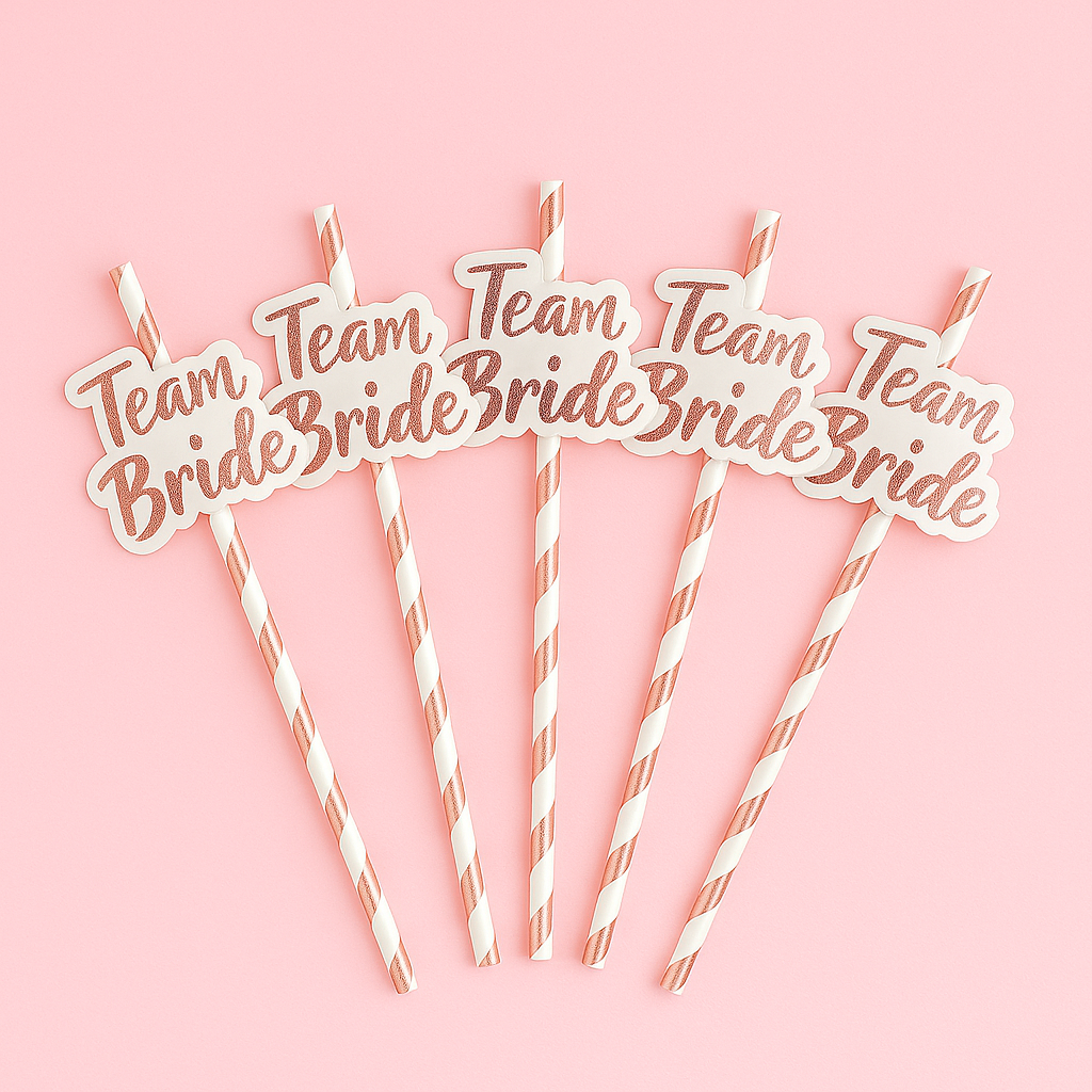🌸 Team Bride Rietjes – 12x Roze & Gouden Papieren Rietjes voor een Vrijgezellenfeest 🌸