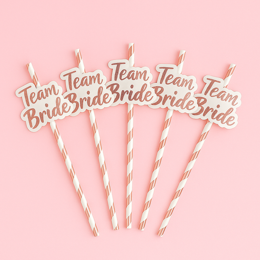 🌸 Team Bride Rietjes – 12x Roze & Gouden Papieren Rietjes voor een Vrijgezellenfeest 🌸