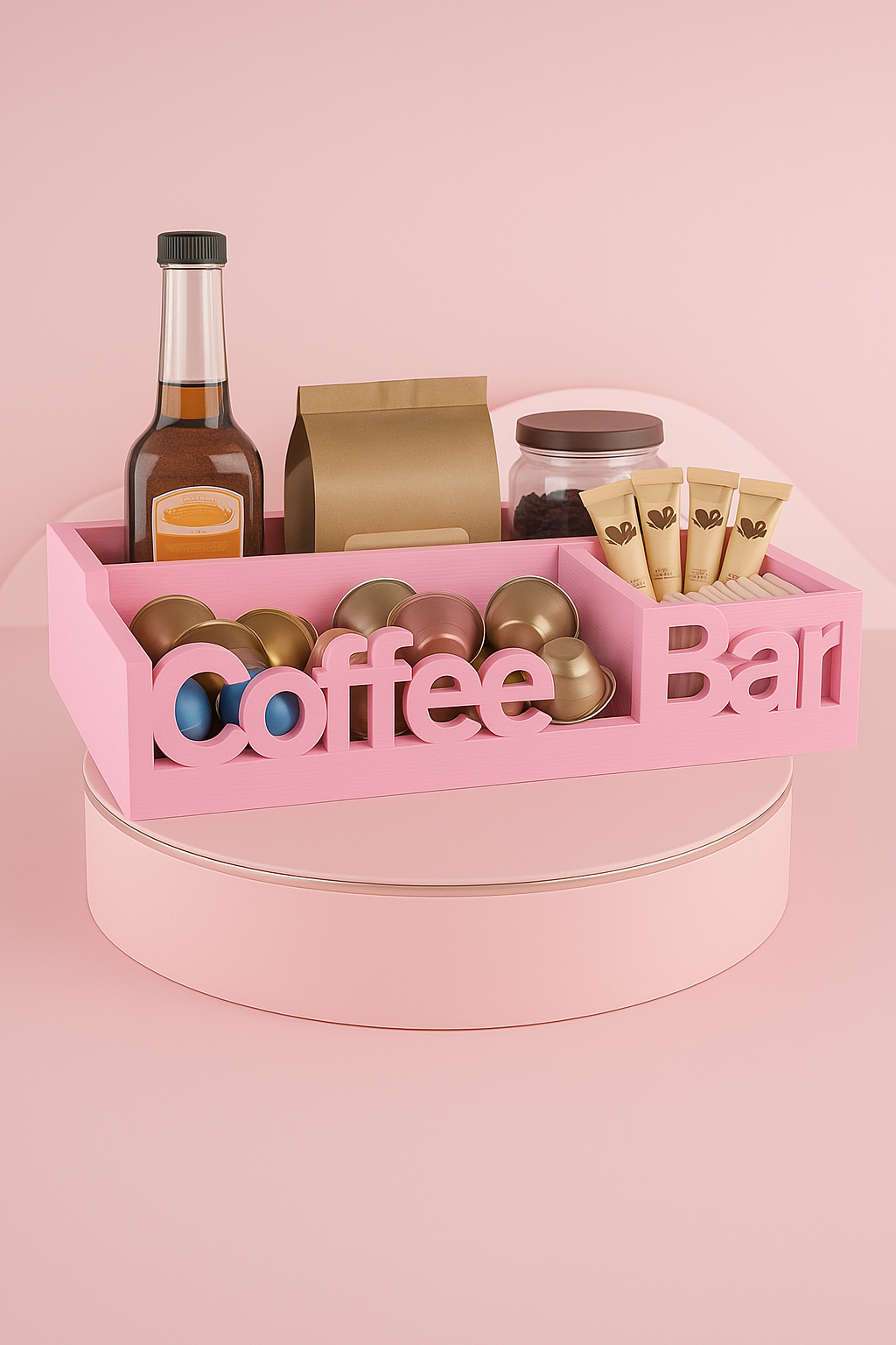 Coffee Bar  Organizer – Roze Houten Koffiestation met Meerdere Vakken