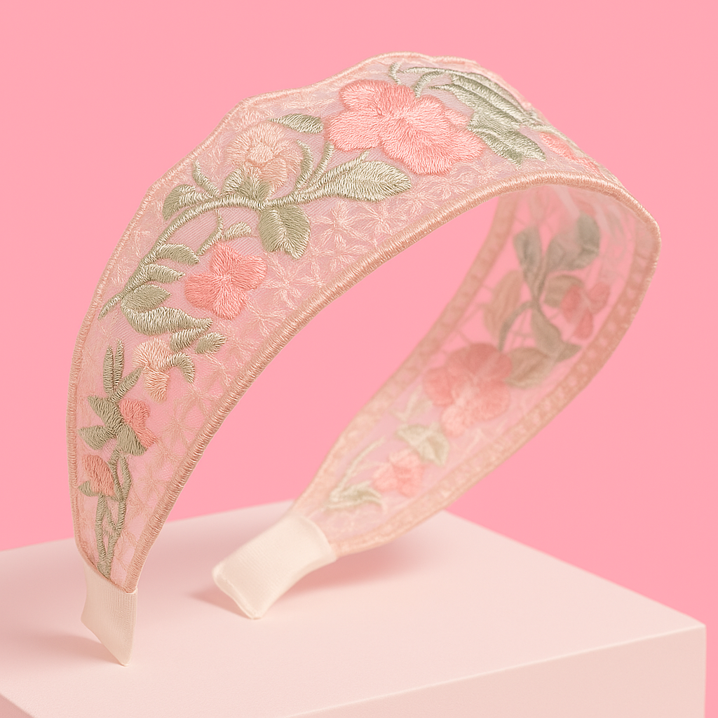 Romantic Bloom Haarband – Borduurwerk met Roze Bloemen
